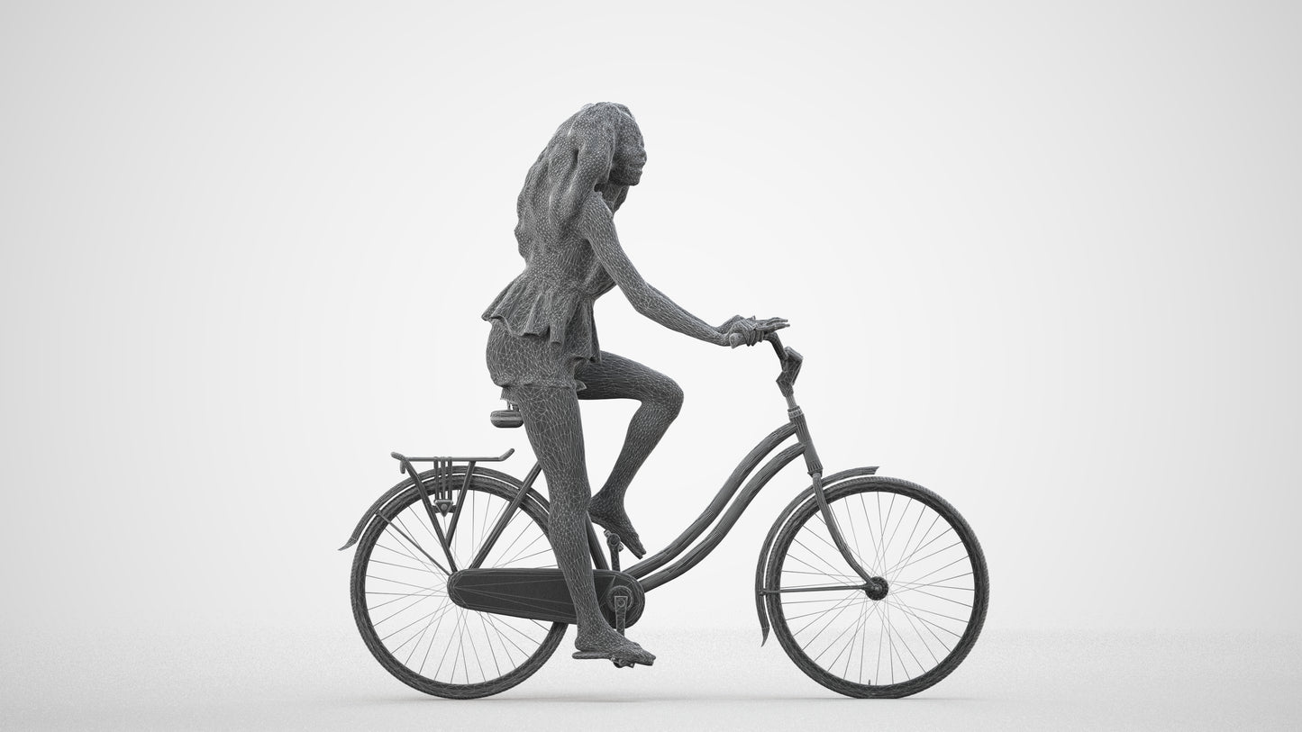 3D scanned woman cycling casual, photorealistic archviz people for Enscape and SketchUp, wireframe side view