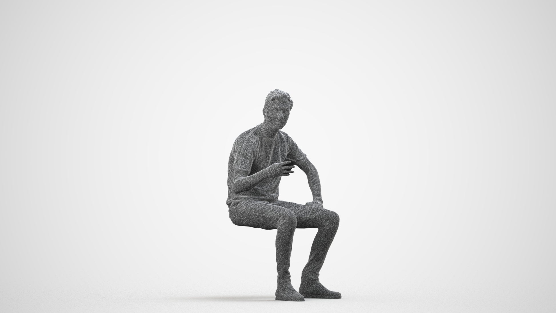 3D human model man casual sitting, photogrammetry scanned person for archviz, wireframe side view
