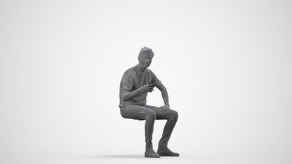 3D human model man casual sitting, photogrammetry scanned person for archviz, wireframe side view