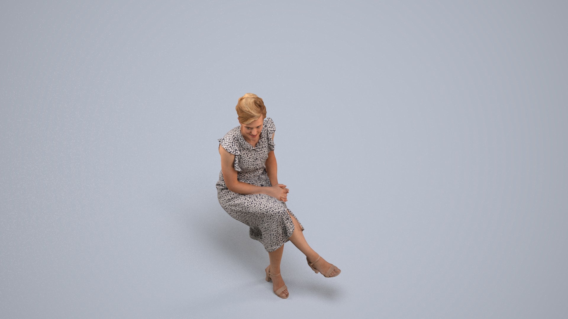 realistic 3D human woman casual sitting, archviz people FBX OBJ for Blender, back view render