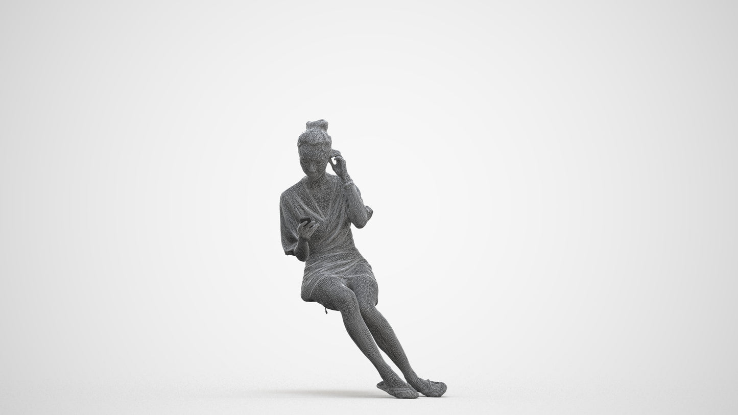 3D human model woman casual sitting, photogrammetry scanned person for archviz, three-quarter front view render