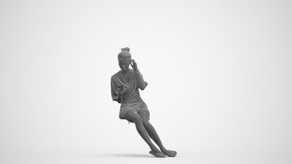 3D human model woman casual sitting, photogrammetry scanned person for archviz, three-quarter front view render