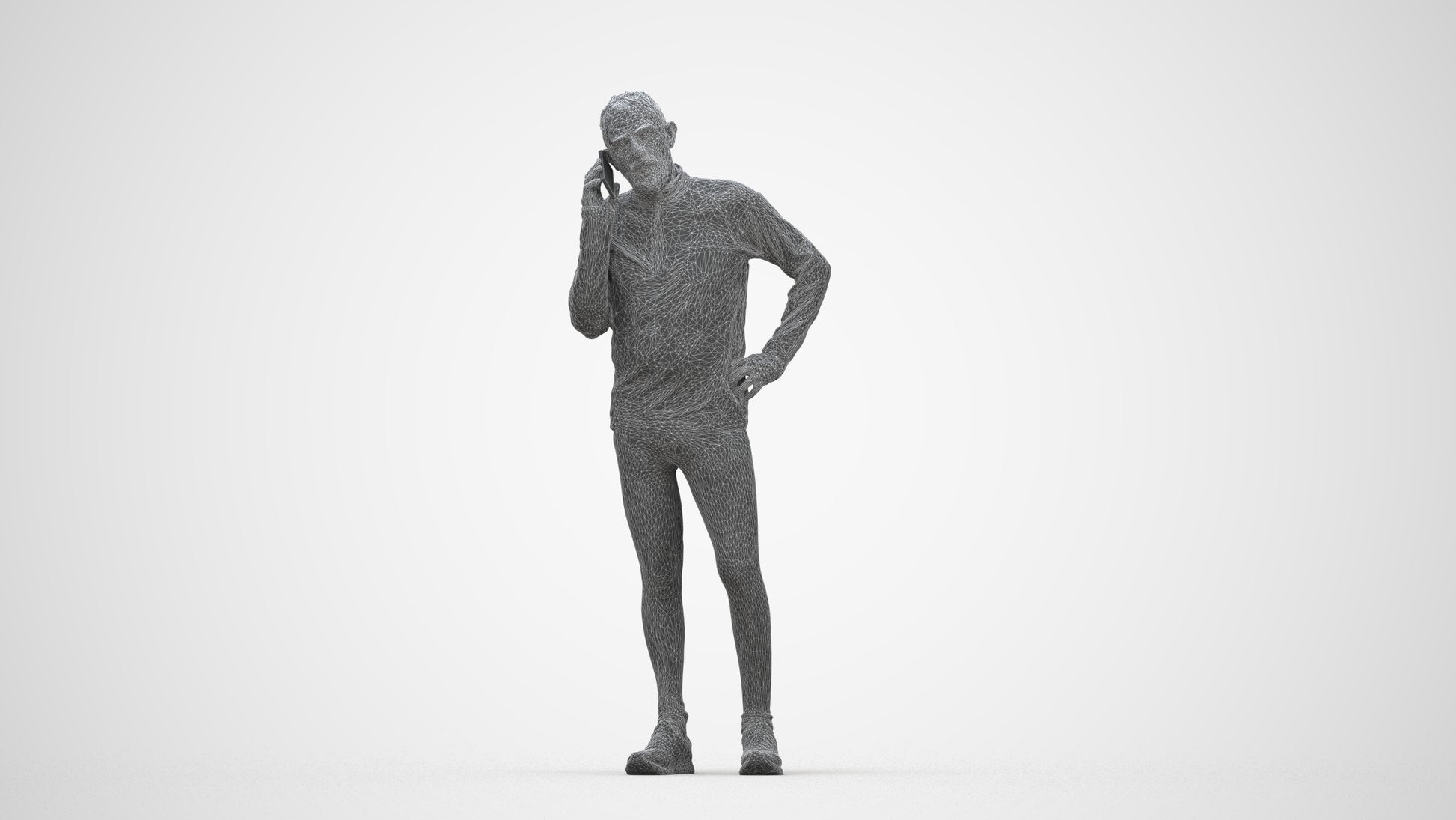 3D human model senior man sport, photogrammetry scanned person for archviz, wireframe back view