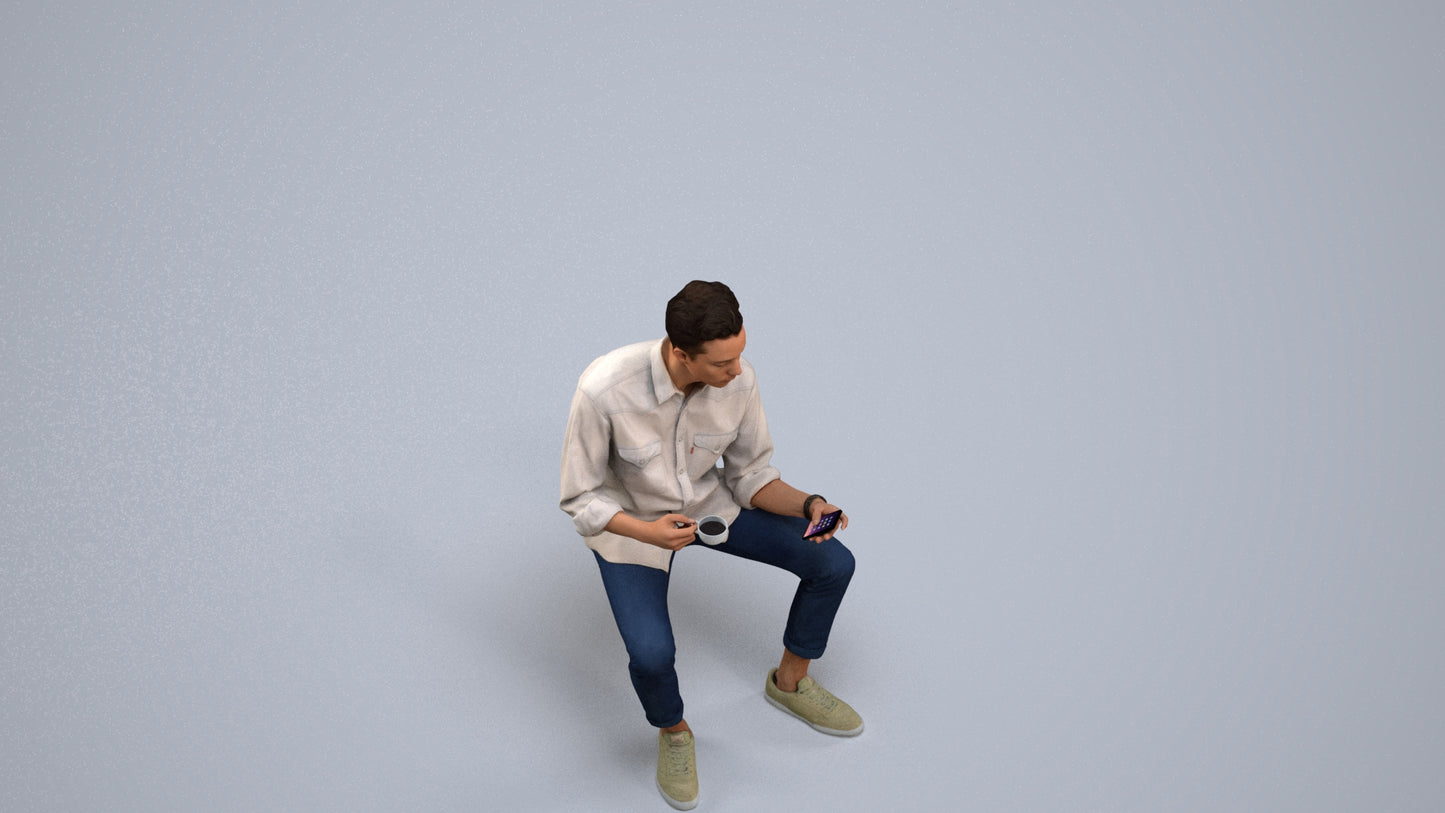 3D human model man casual sitting, photogrammetry scanned person for archviz, back view render