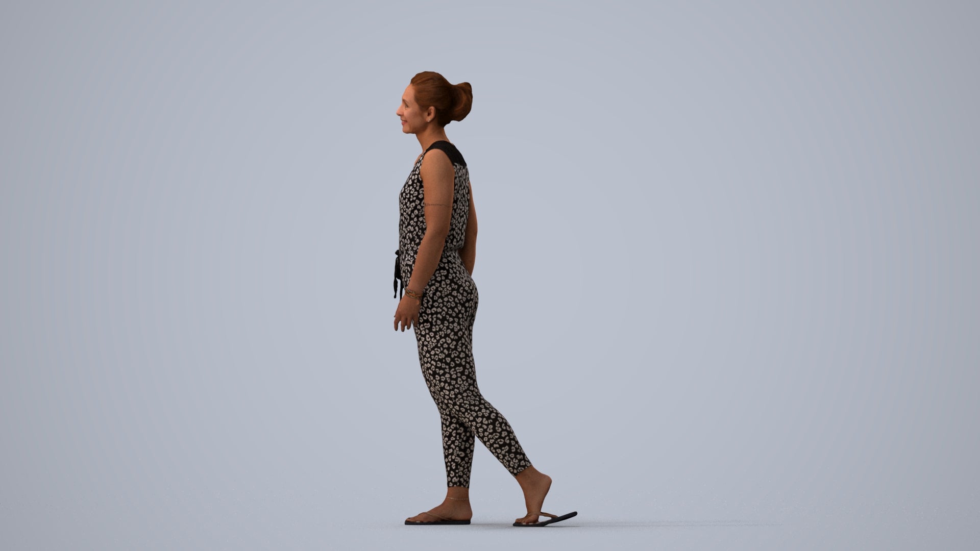 3D human model woman casual walking, photogrammetry scanned person for archviz, three-quarter view render
