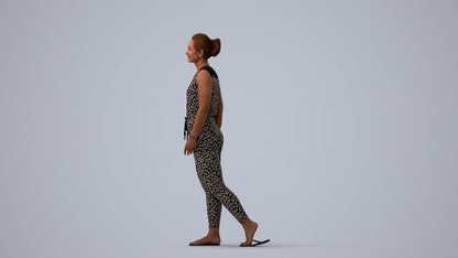 3D human model woman casual walking, photogrammetry scanned person for archviz, three-quarter view render