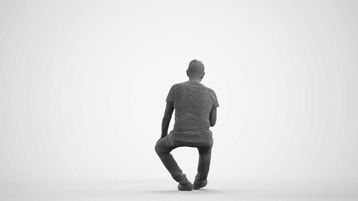 scanned 3D senior man casual sitting, photogrammetry people for Enscape and V-Ray, wireframe front view