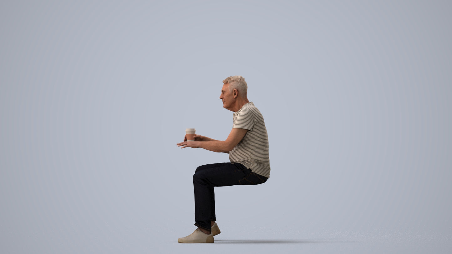 3D people model senior man casual sitting, scanned human for 3ds Max rendering, three-quarter view render