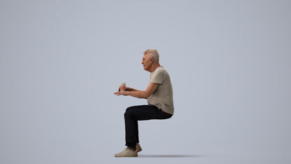 3D people model senior man casual sitting, scanned human for 3ds Max rendering, three-quarter view render