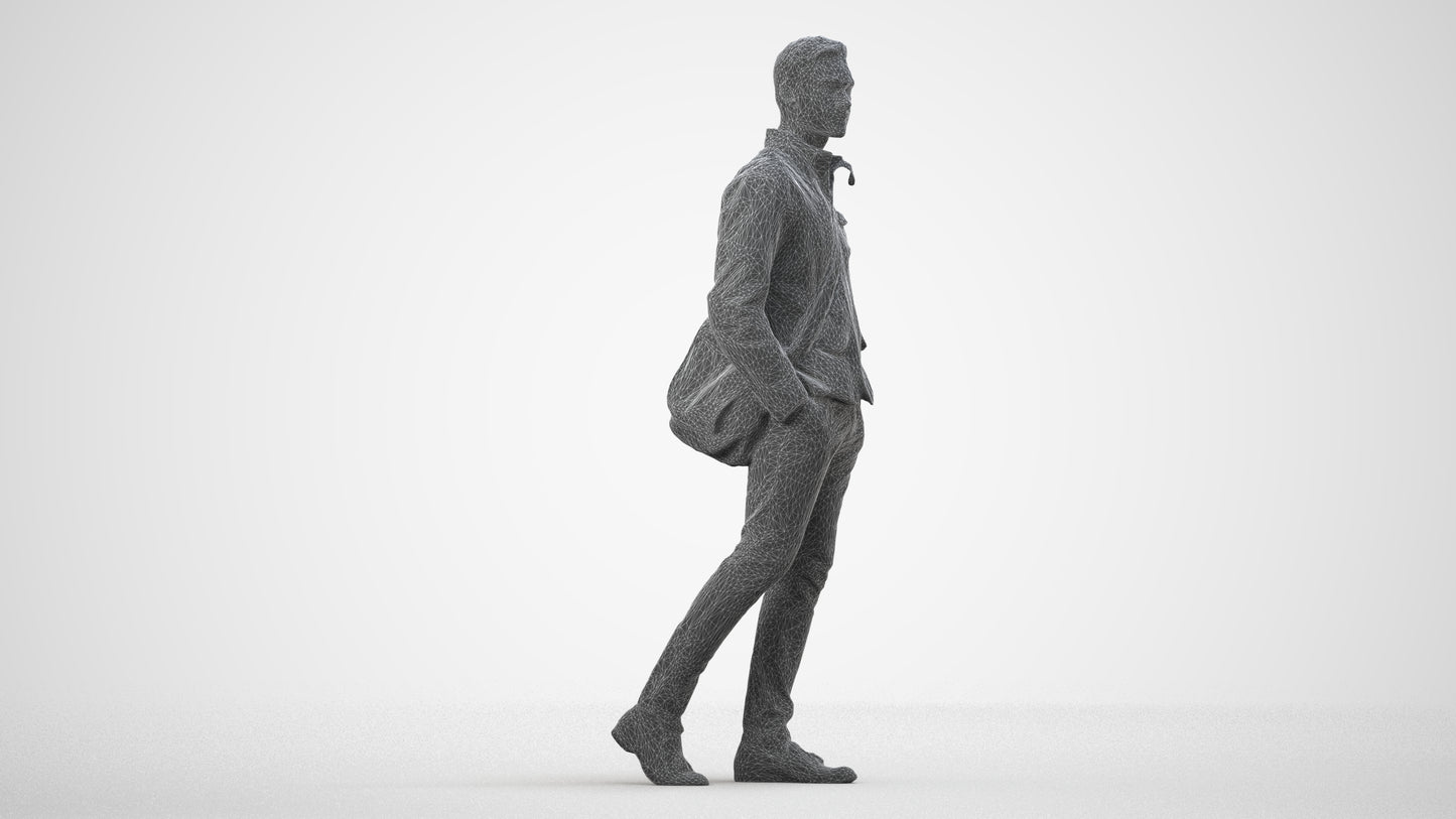 3D people model man casual walking, scanned human for 3ds Max rendering, wireframe side view