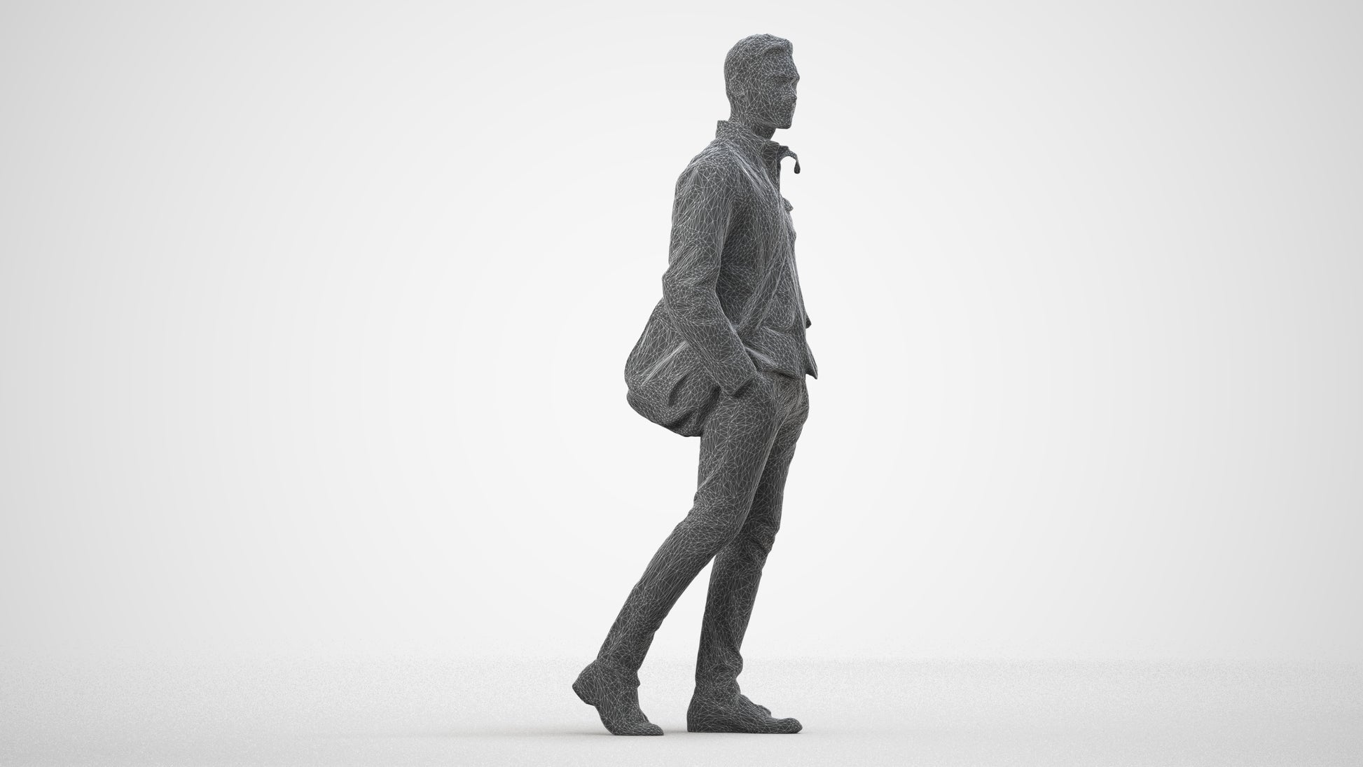 3D people model man casual walking, scanned human for 3ds Max rendering, wireframe side view