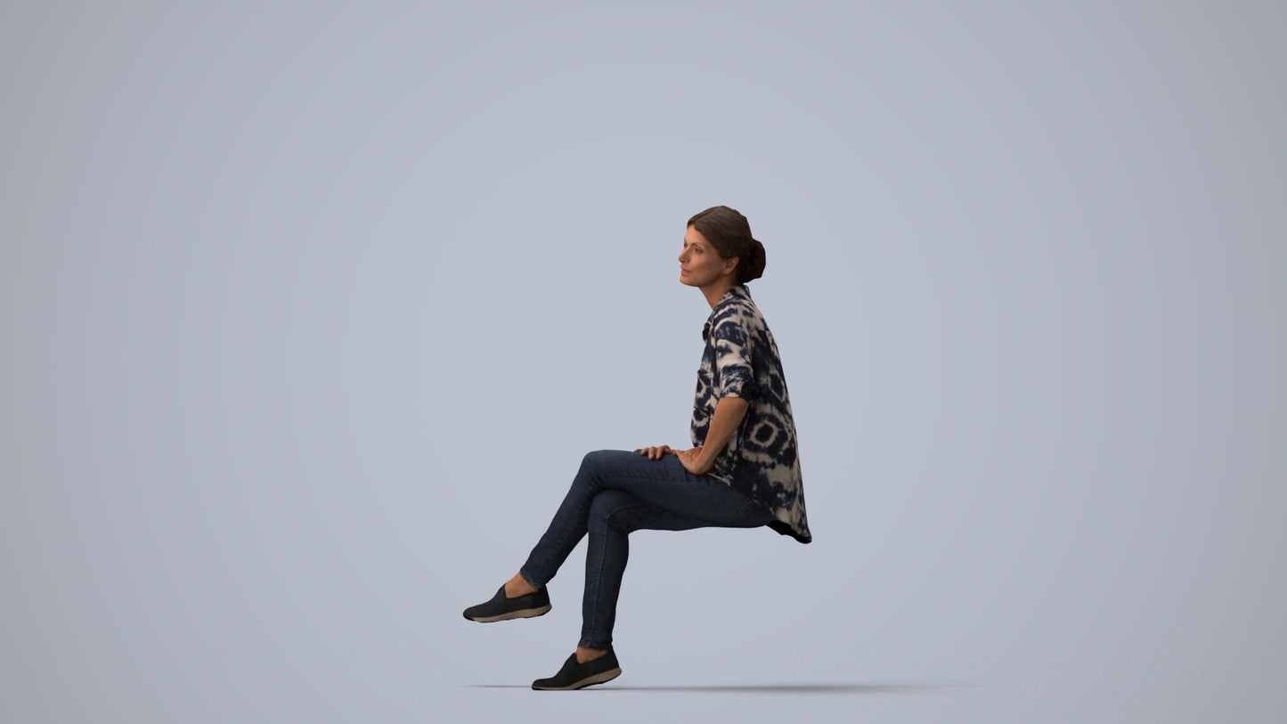 3D scanned woman sitting casual, photorealistic archviz people for Enscape and SketchUp, three-quarter view render