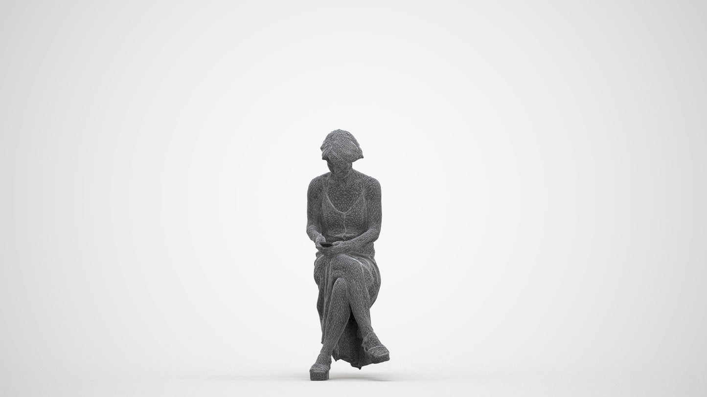 photogrammetry 3D senior woman sitting, realistic human model archviz FBX, three-quarter front view render