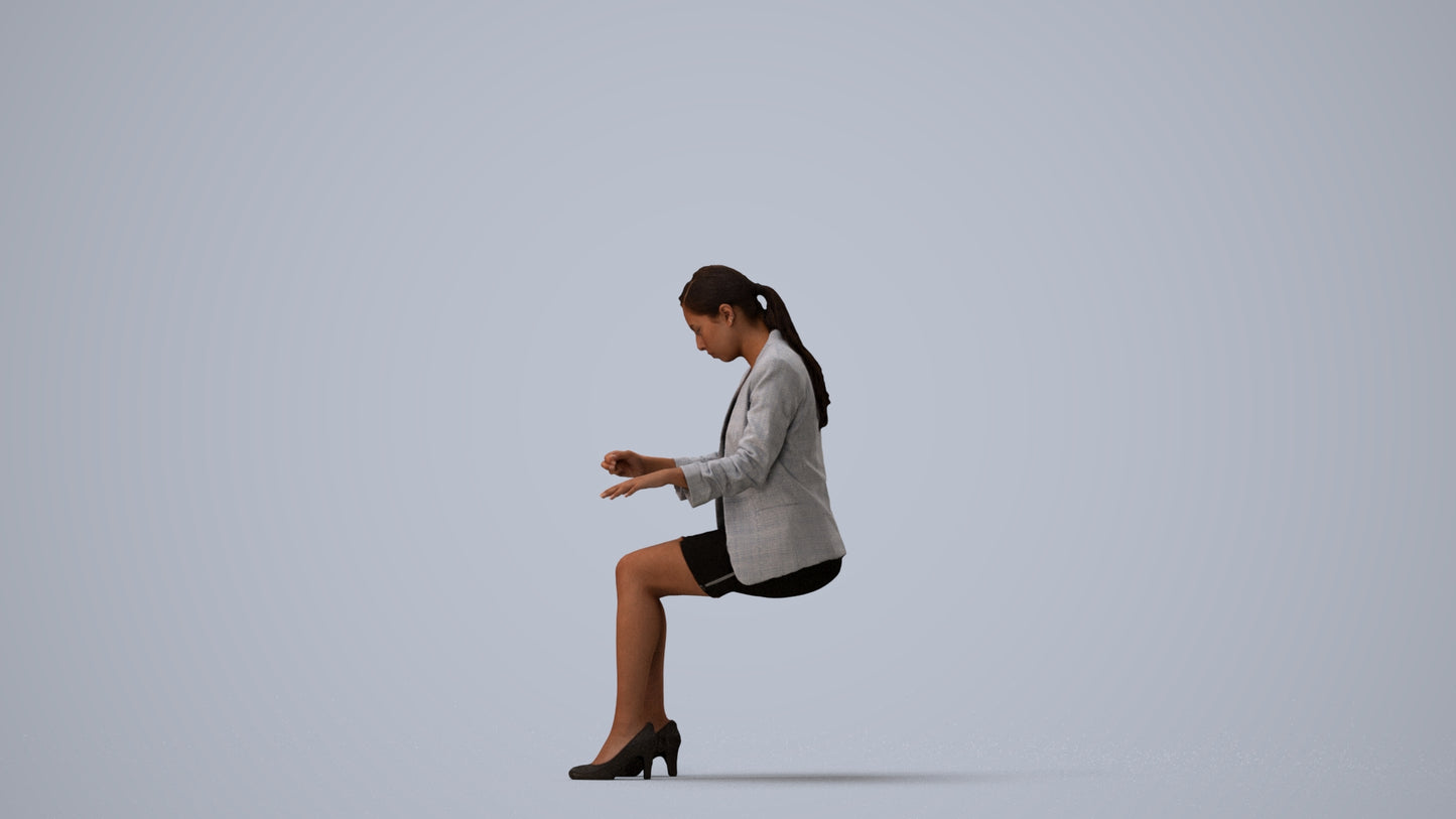 3D human model woman business, photogrammetry scanned person for archviz, three-quarter view render