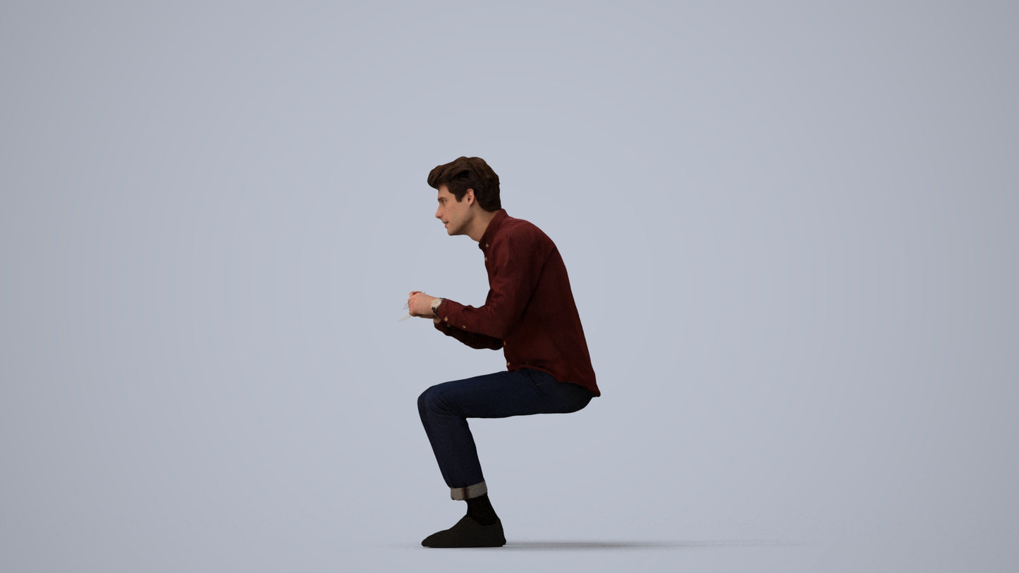 scanned 3D man casual sitting, photogrammetry people for Enscape and V-Ray, three-quarter view render