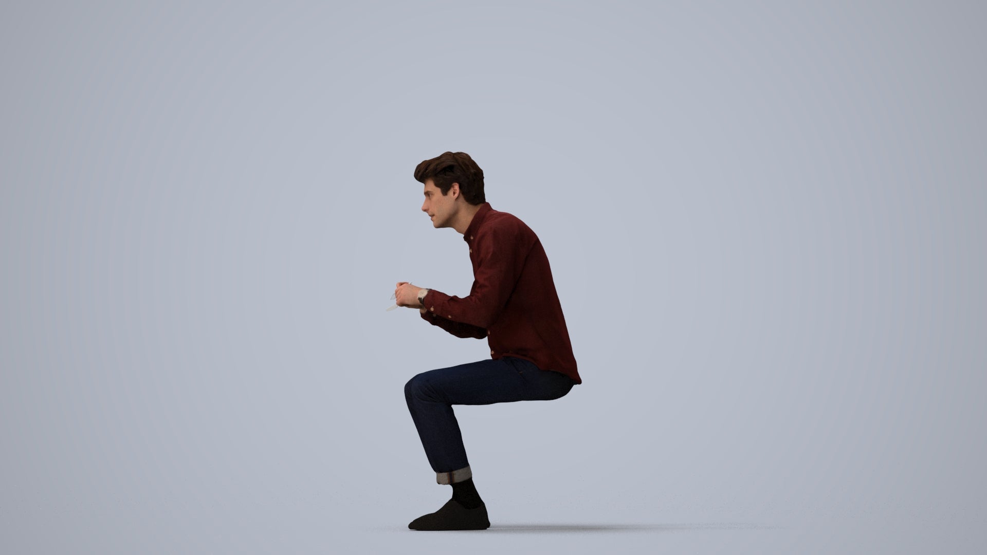scanned 3D man casual sitting, photogrammetry people for Enscape and V-Ray, three-quarter view render