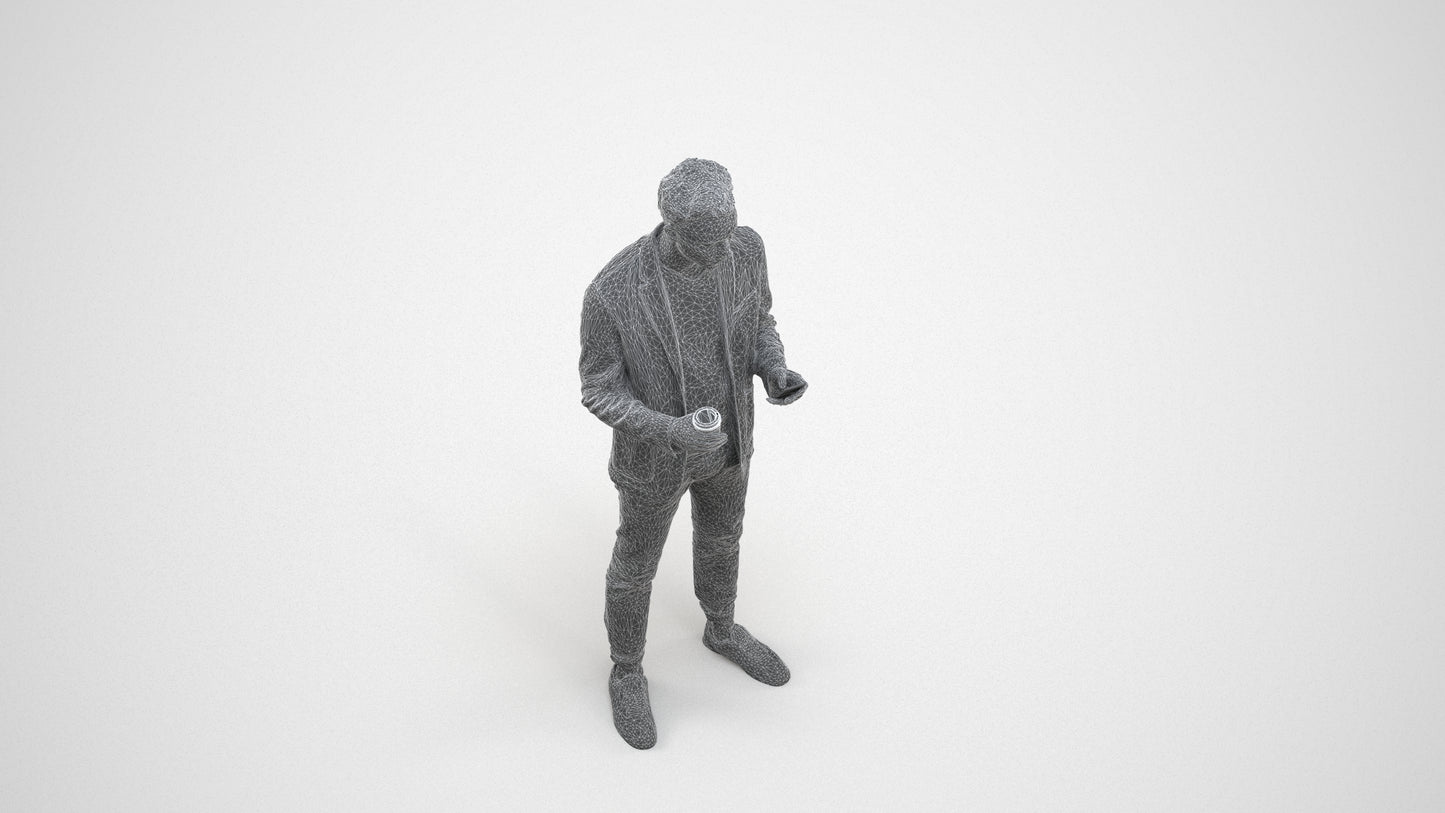 3D human model man business standing, photogrammetry scanned person for archviz, wireframe three-quarter view