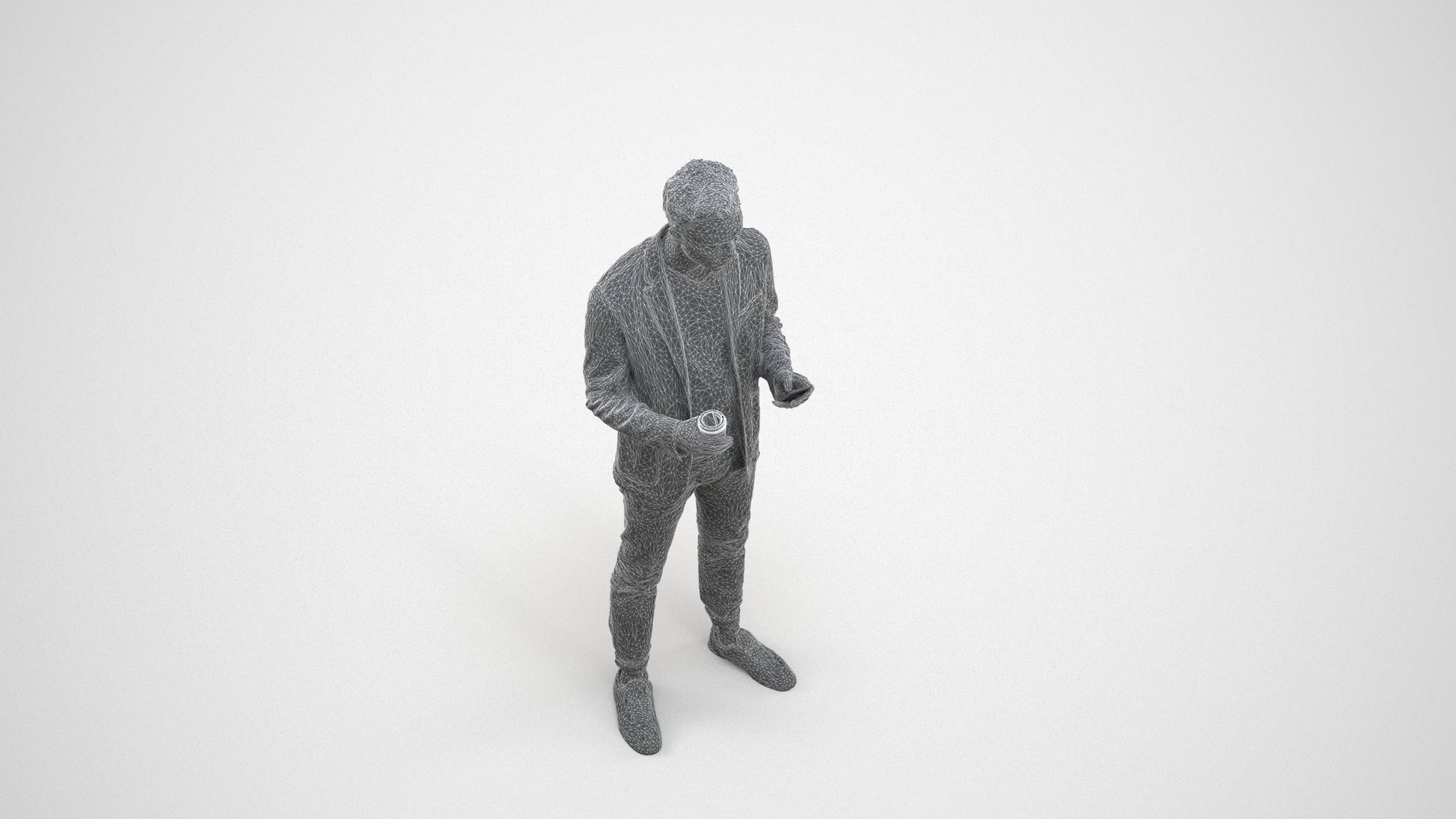 3D human model man business standing, photogrammetry scanned person for archviz, wireframe three-quarter view