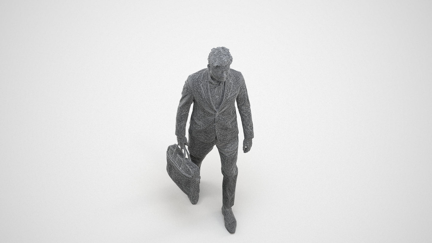 3D human model man business, photogrammetry scanned person for archviz, wireframe three-quarter view