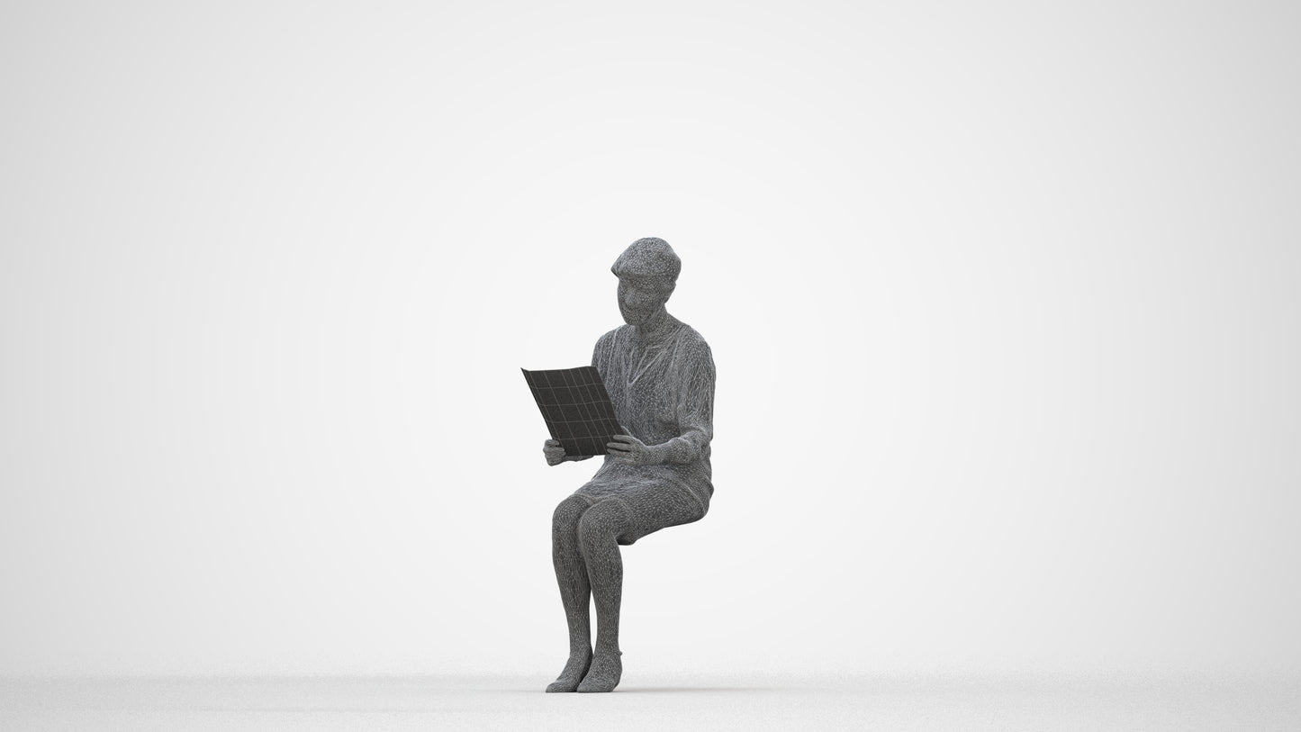 3D people model senior woman business sitting, scanned human for 3ds Max rendering, wireframe back view