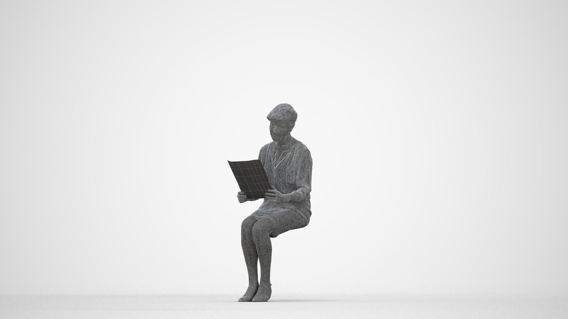 3D people model senior woman business sitting, scanned human for 3ds Max rendering, wireframe back view