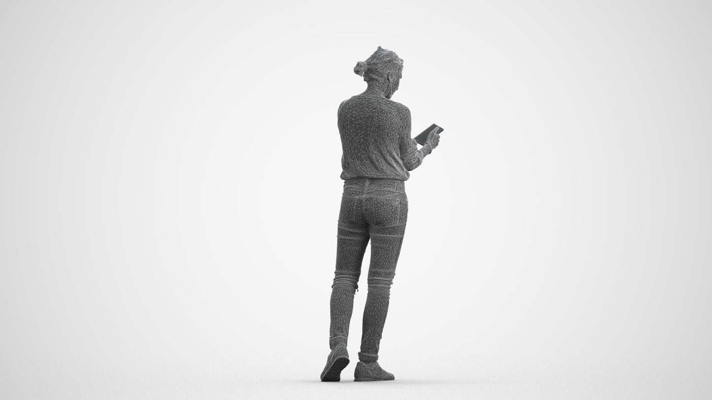 realistic 3D woman casual standing, scanned archviz people for Blender and 3ds Max, wireframe front view
