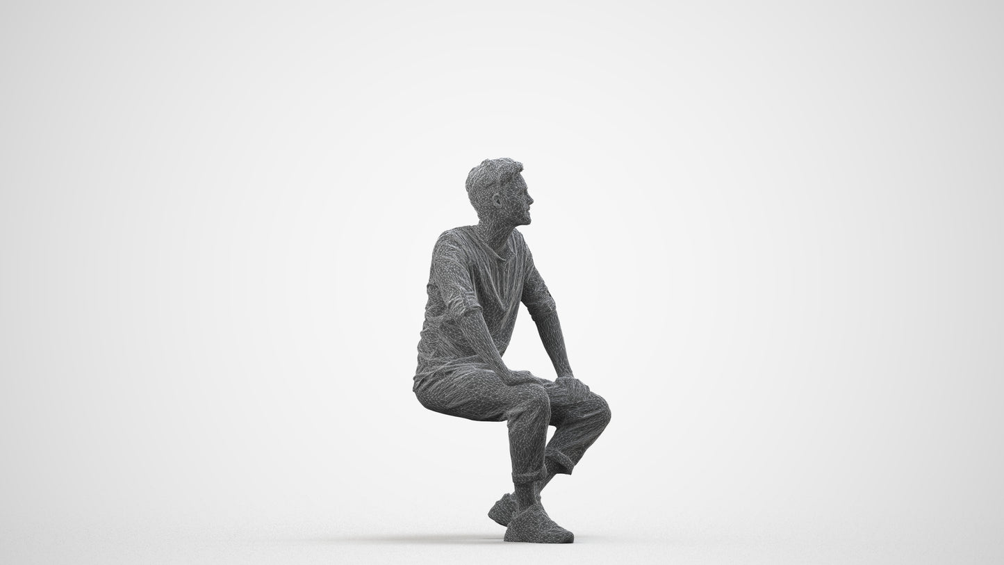 3D human model man casual sitting, photogrammetry scanned person for archviz, wireframe side view