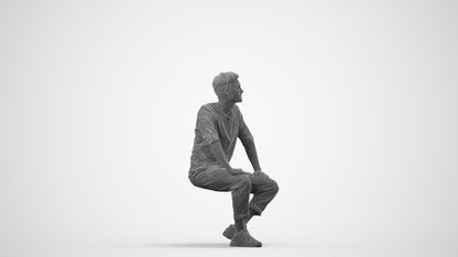 3D human model man casual sitting, photogrammetry scanned person for archviz, wireframe side view