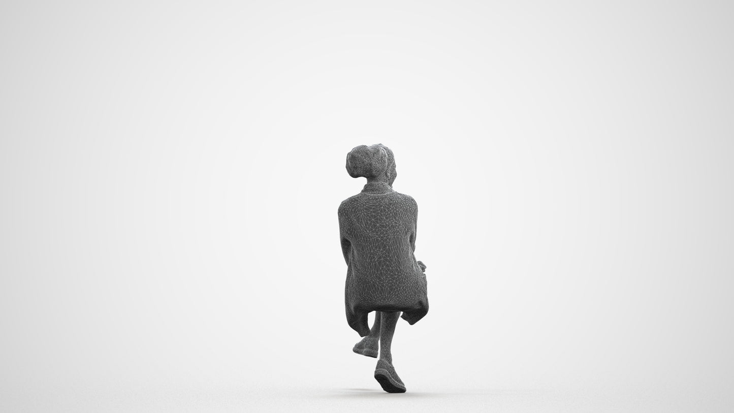3D human model woman casual sitting, photogrammetry scanned person for archviz, wireframe front view