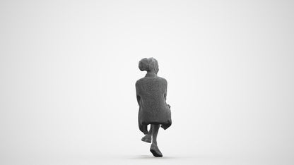 3D human model woman casual sitting, photogrammetry scanned person for archviz, wireframe front view
