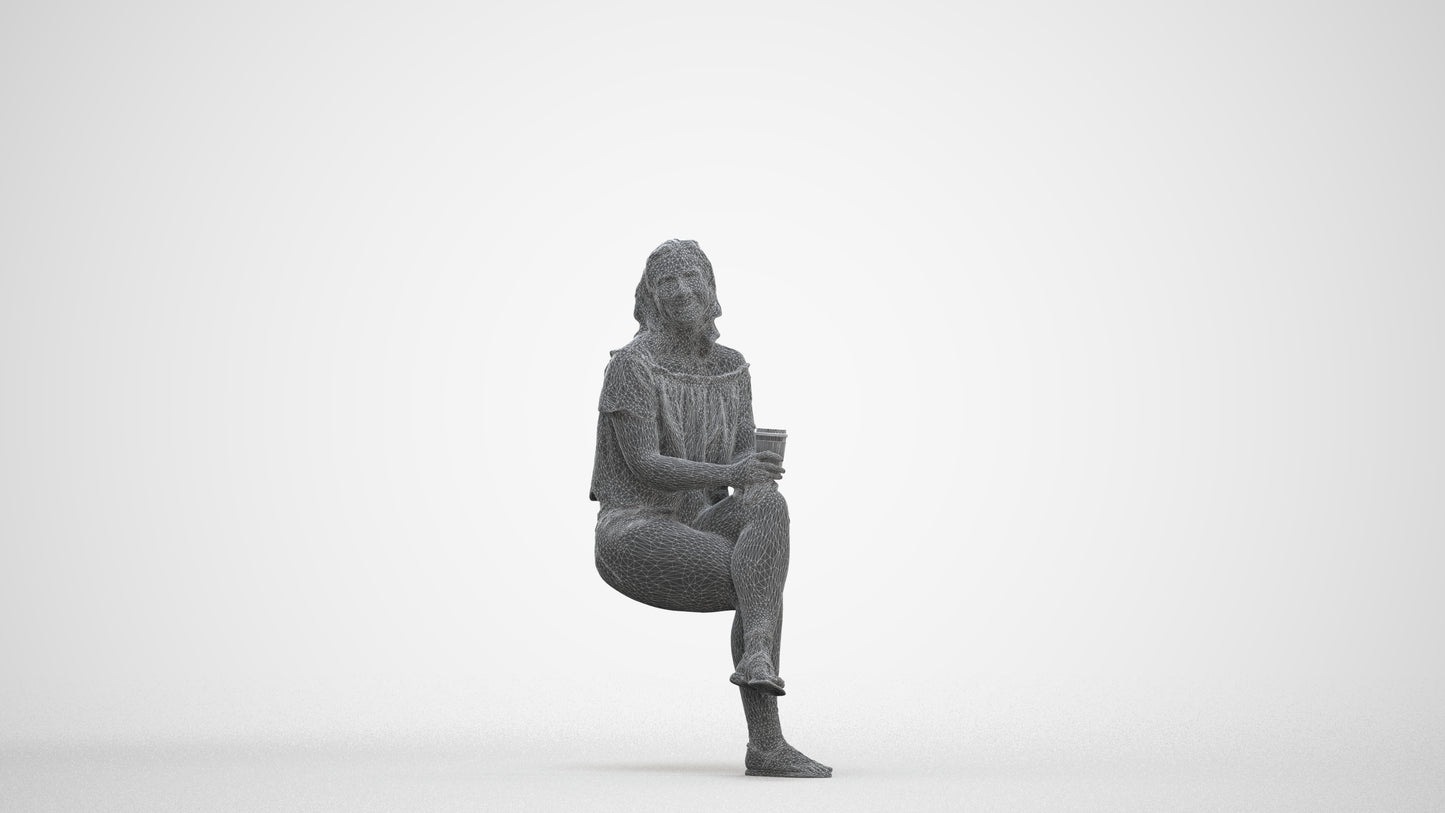 realistic 3D people woman casual sitting, render-ready for V-Ray and Corona, FBX OBJ, three-quarter front view render