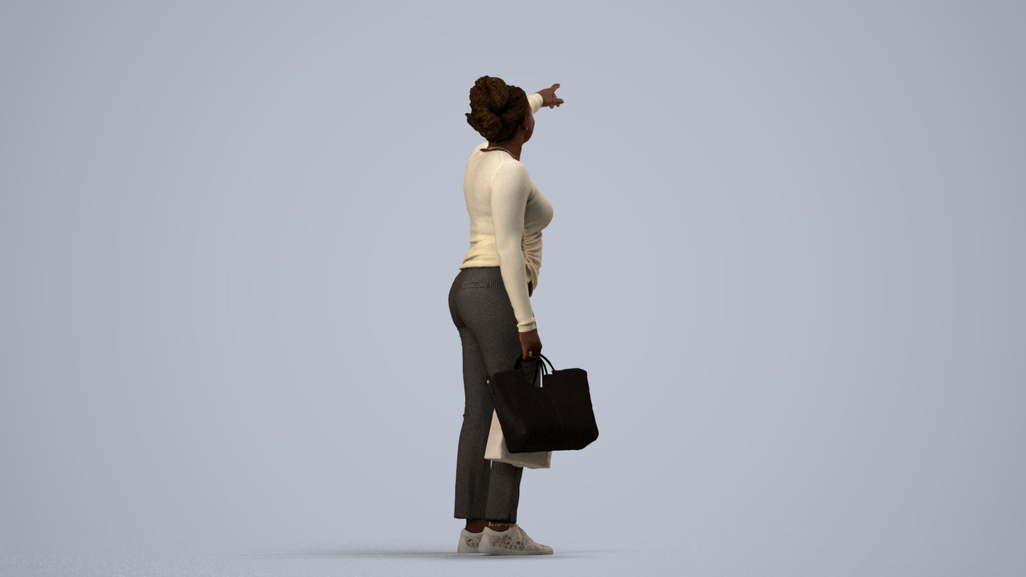 3D scanned woman standing casual, photorealistic archviz people for Enscape and SketchUp, side view render
