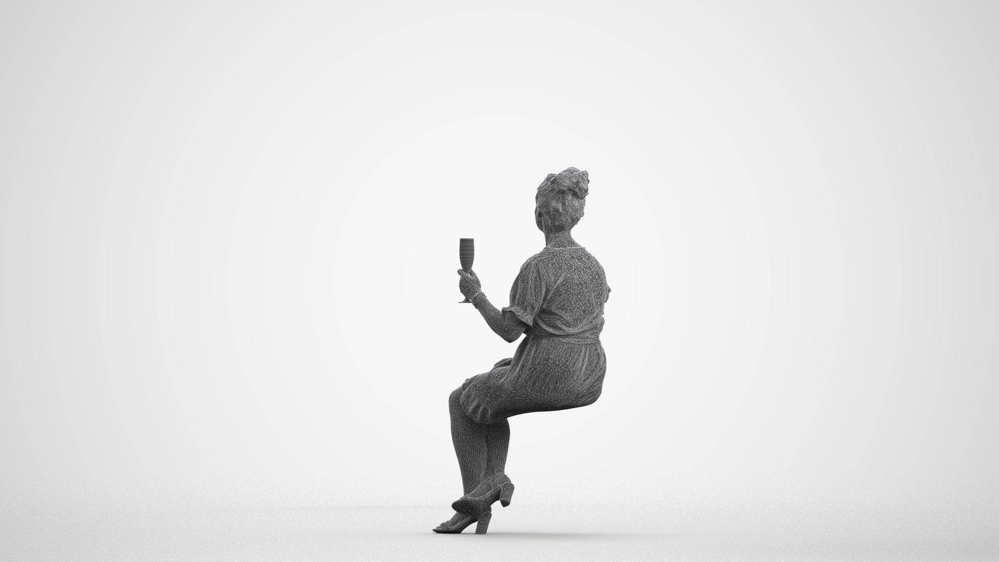 scanned 3D woman casual sitting, photogrammetry people for Enscape and V-Ray, wireframe front view