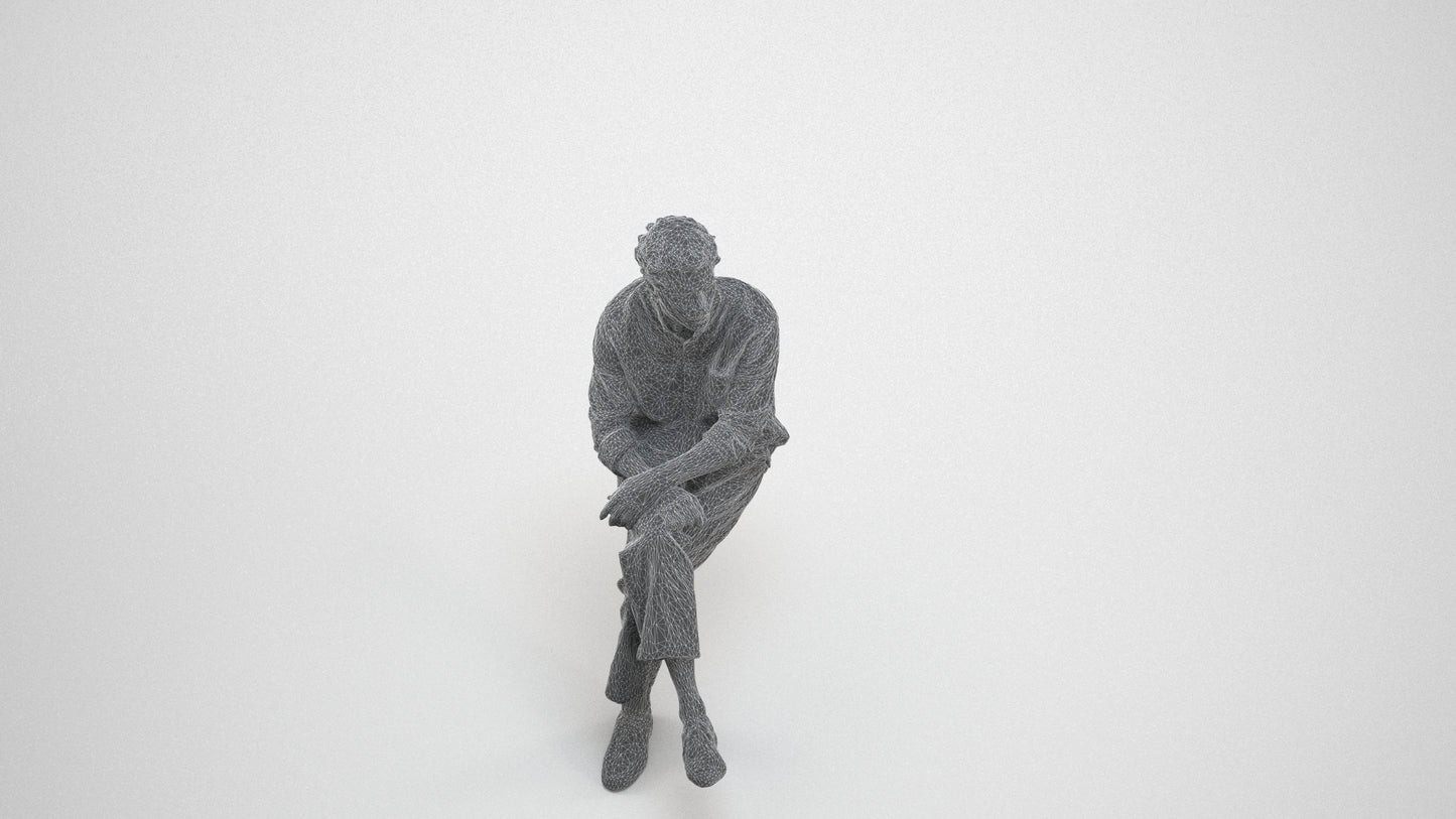 3D scanned man sitting casual, photorealistic archviz people for Enscape and SketchUp, wireframe three-quarter view