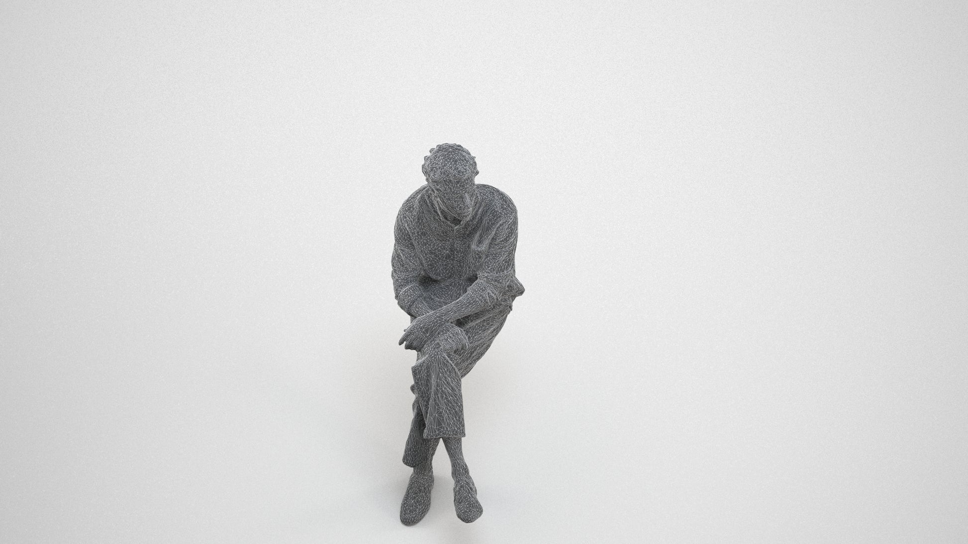 3D scanned man sitting casual, photorealistic archviz people for Enscape and SketchUp, wireframe three-quarter view