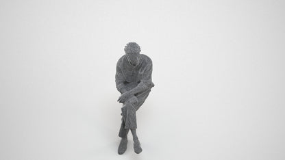3D scanned man sitting casual, photorealistic archviz people for Enscape and SketchUp, wireframe three-quarter view
