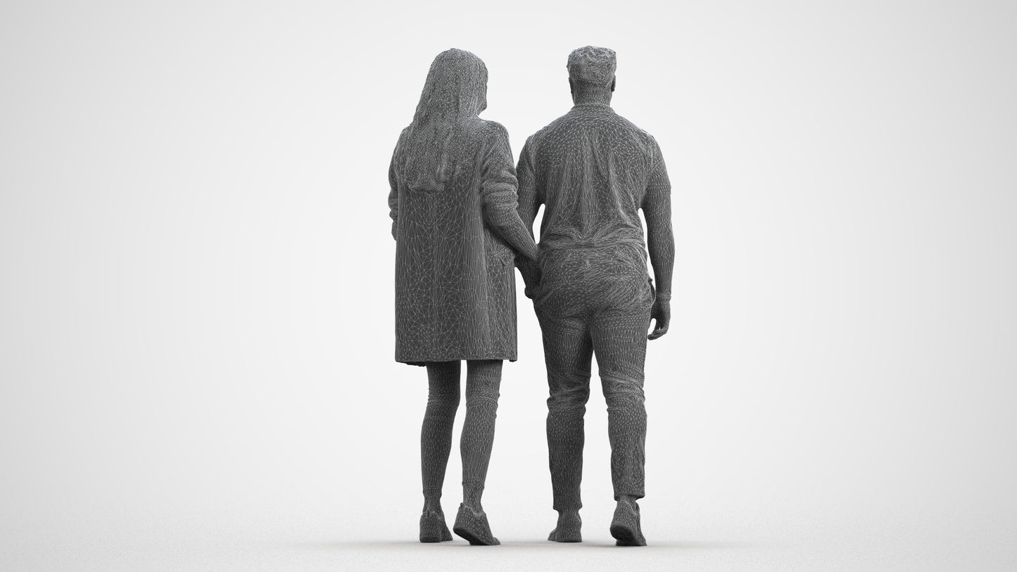 photogrammetry 3D woman casual couple, realistic human model archviz FBX, wireframe front view