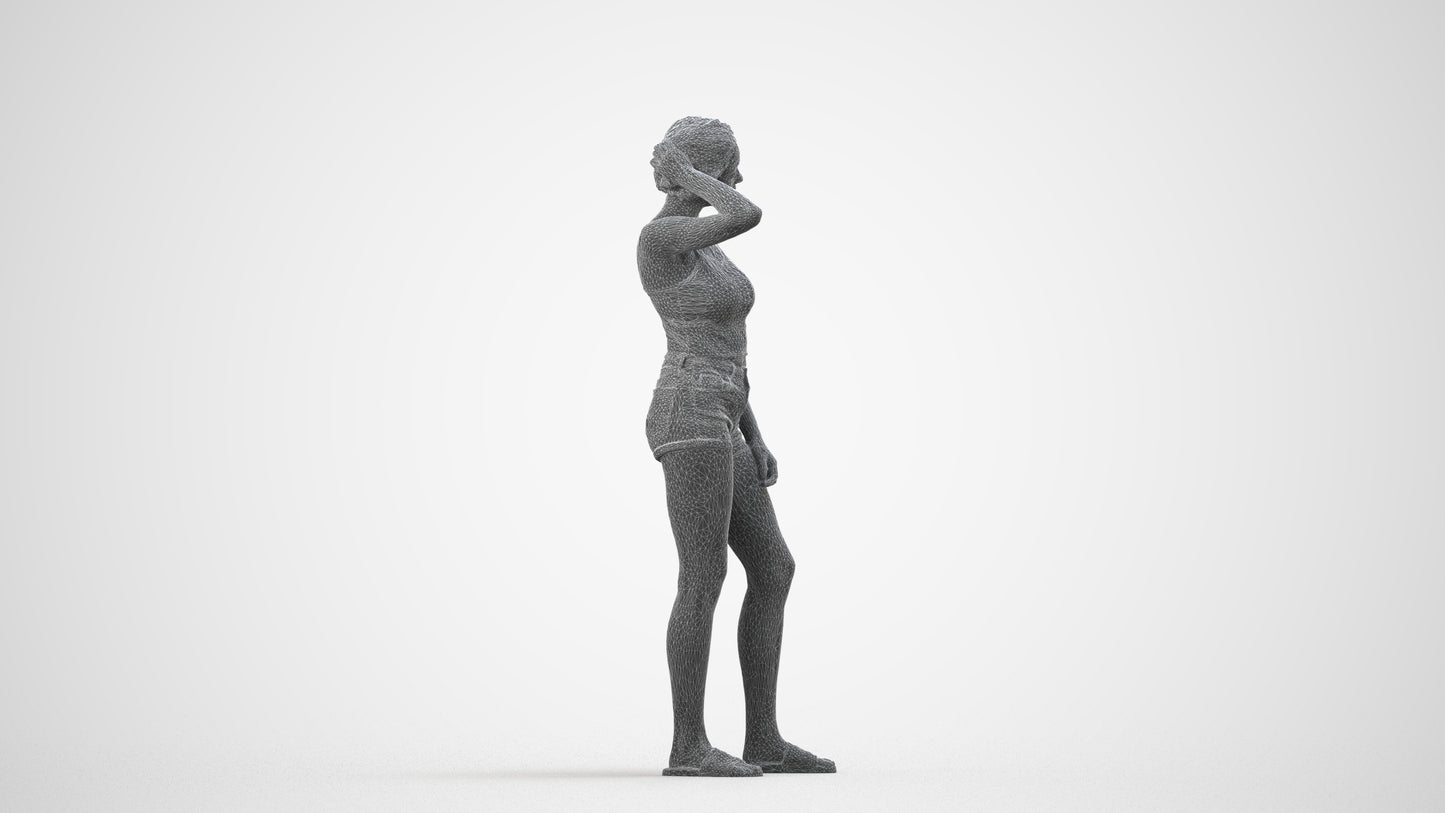 realistic 3D woman casual standing, scanned archviz people for Blender and 3ds Max, wireframe side view