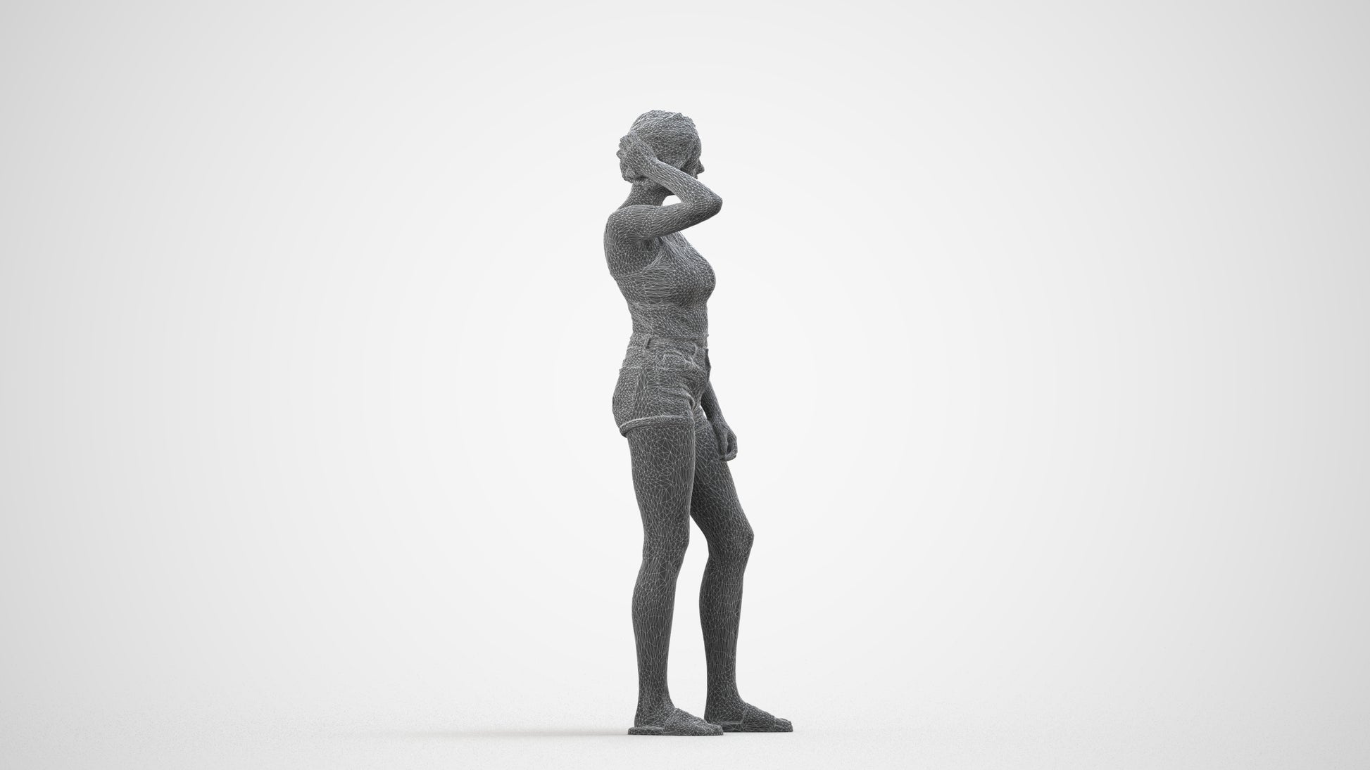 realistic 3D woman casual standing, scanned archviz people for Blender and 3ds Max, wireframe side view