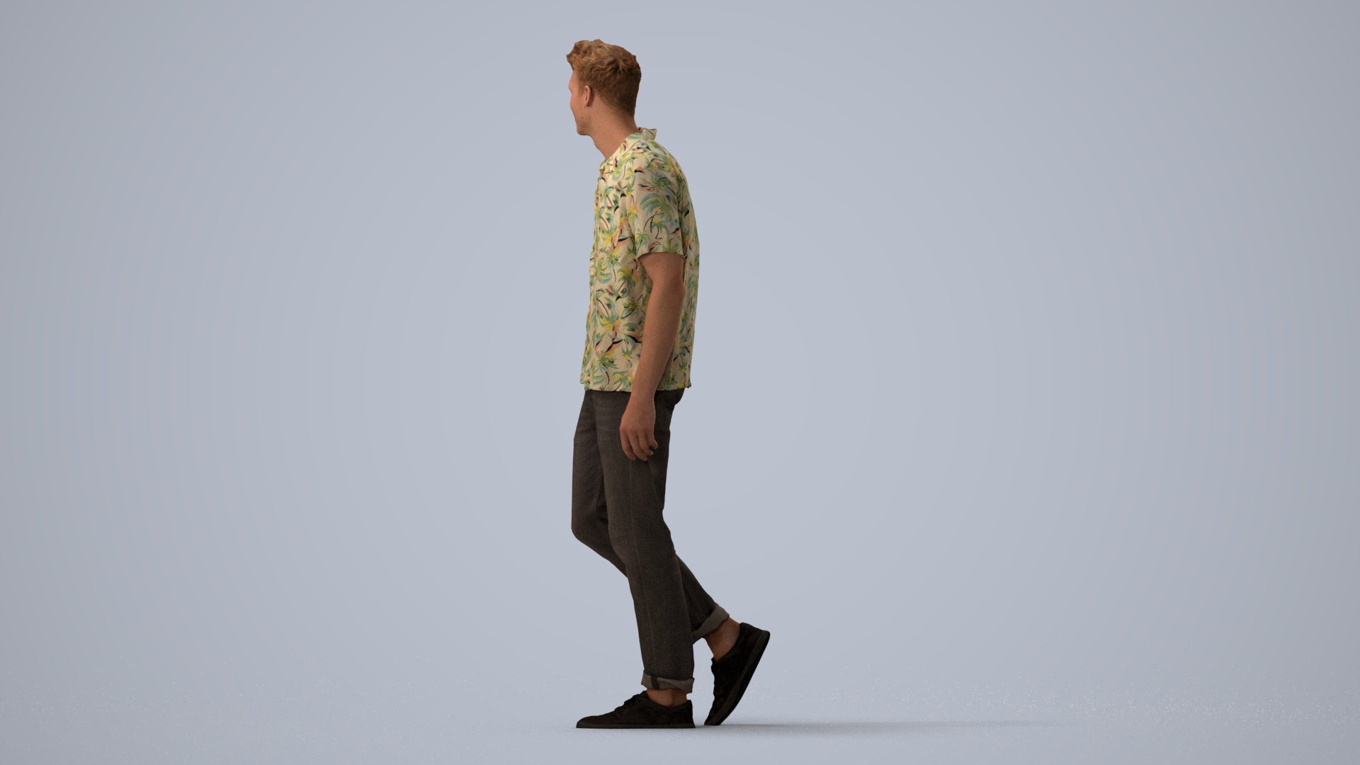 realistic 3D human man casual walking, archviz people FBX OBJ for Blender, three-quarter view render