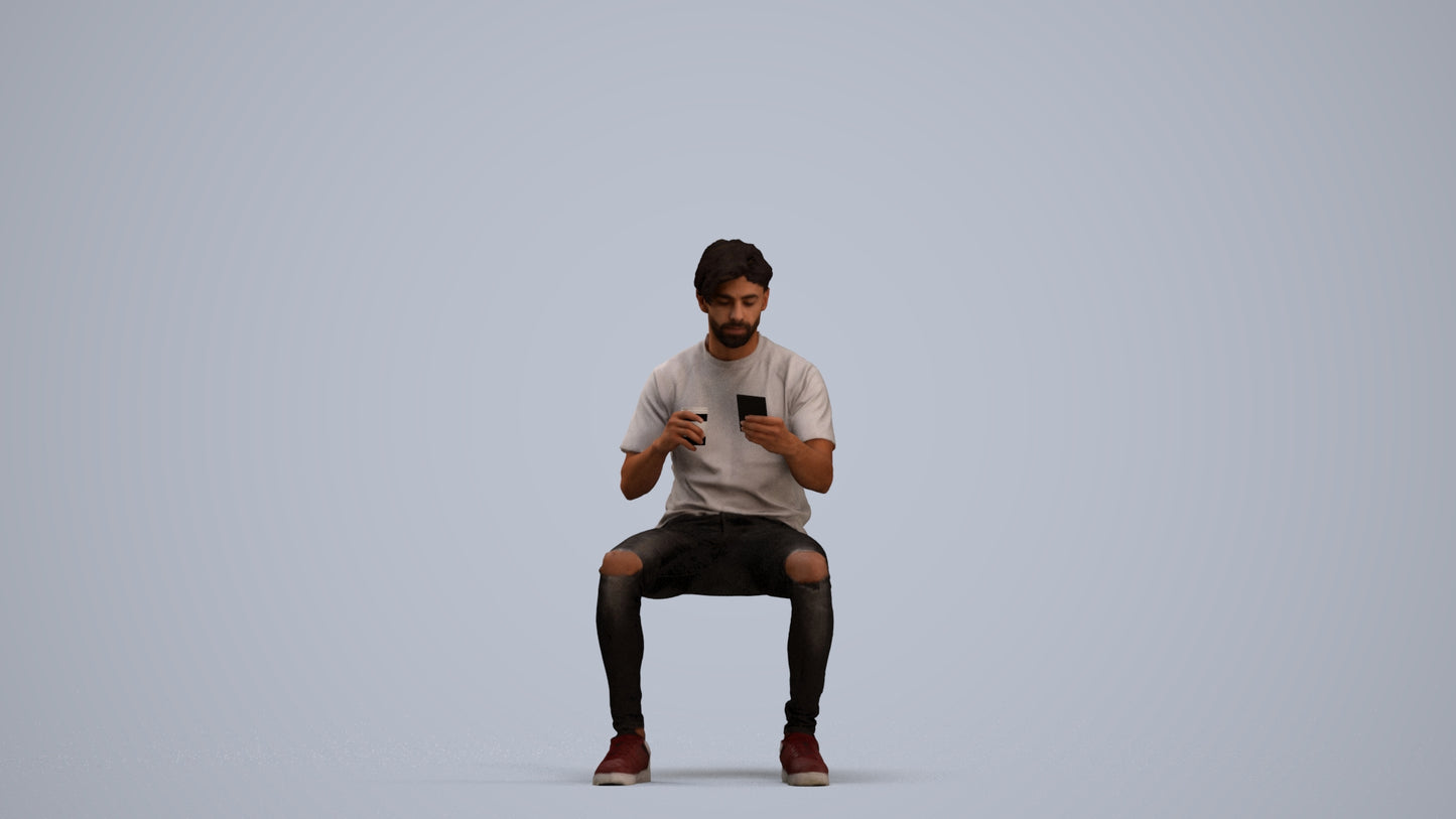 3D human model man casual sitting, photogrammetry scanned person for archviz, standing pose render