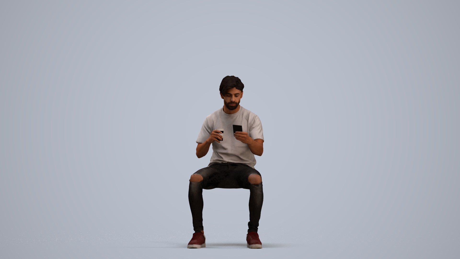 3D human model man casual sitting, photogrammetry scanned person for archviz, standing pose render