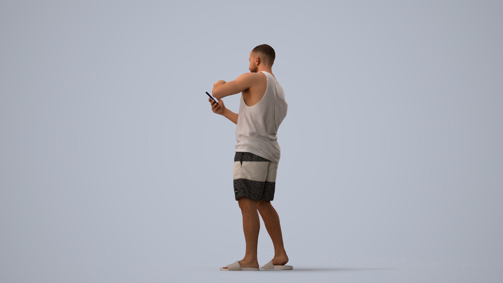 3D scanned man standing, photorealistic archviz people for Enscape and SketchUp, three-quarter view render