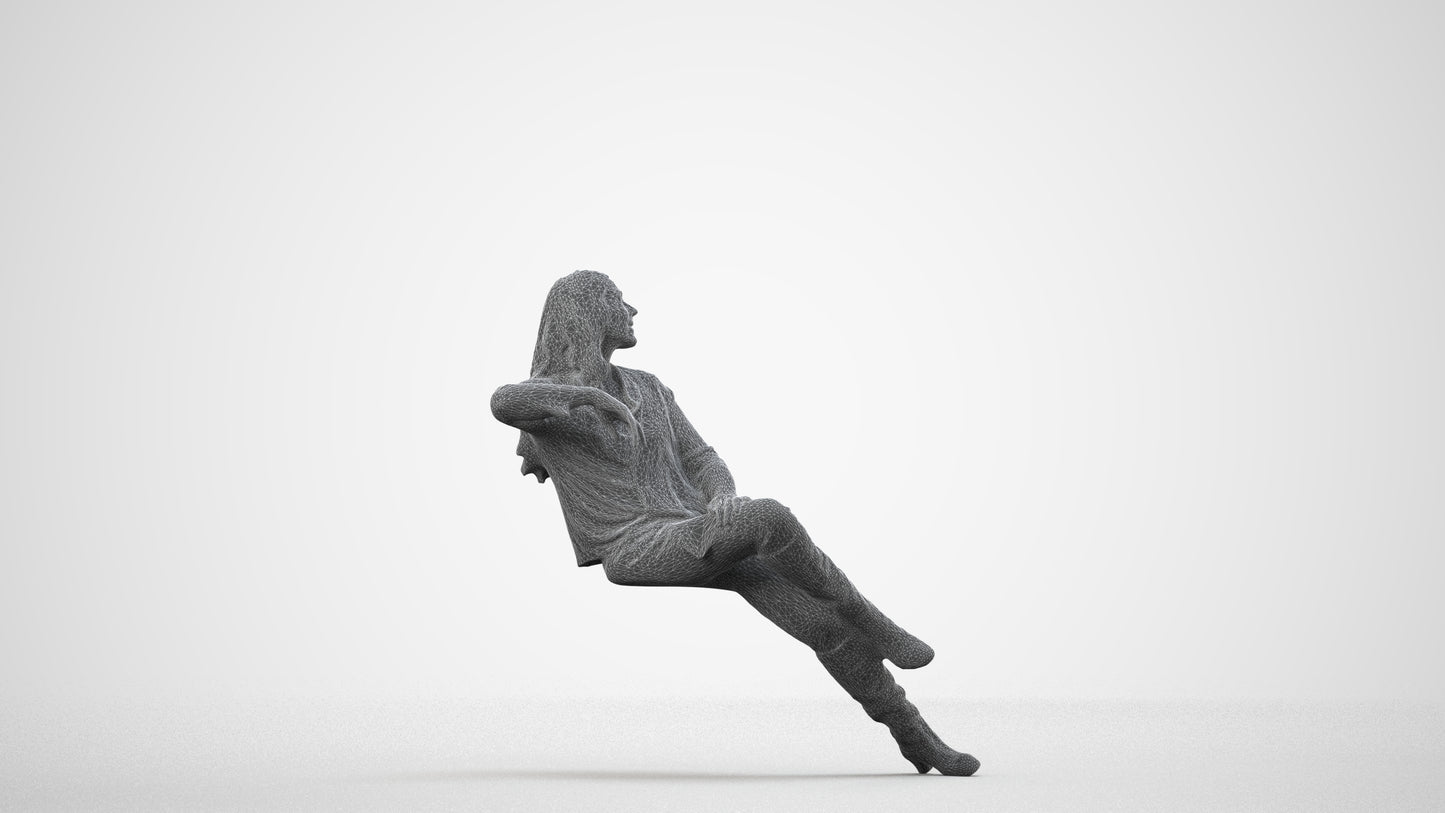 3D human model woman casual sitting, photogrammetry scanned person for archviz, wireframe side view
