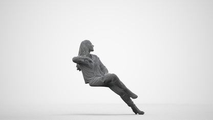 3D human model woman casual sitting, photogrammetry scanned person for archviz, wireframe side view