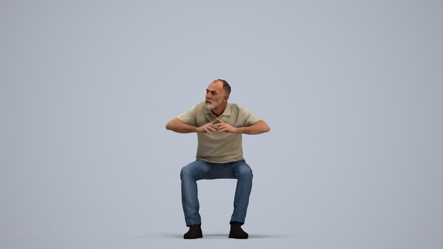 3D people model senior man casual sitting, scanned human for 3ds Max rendering, standing pose render