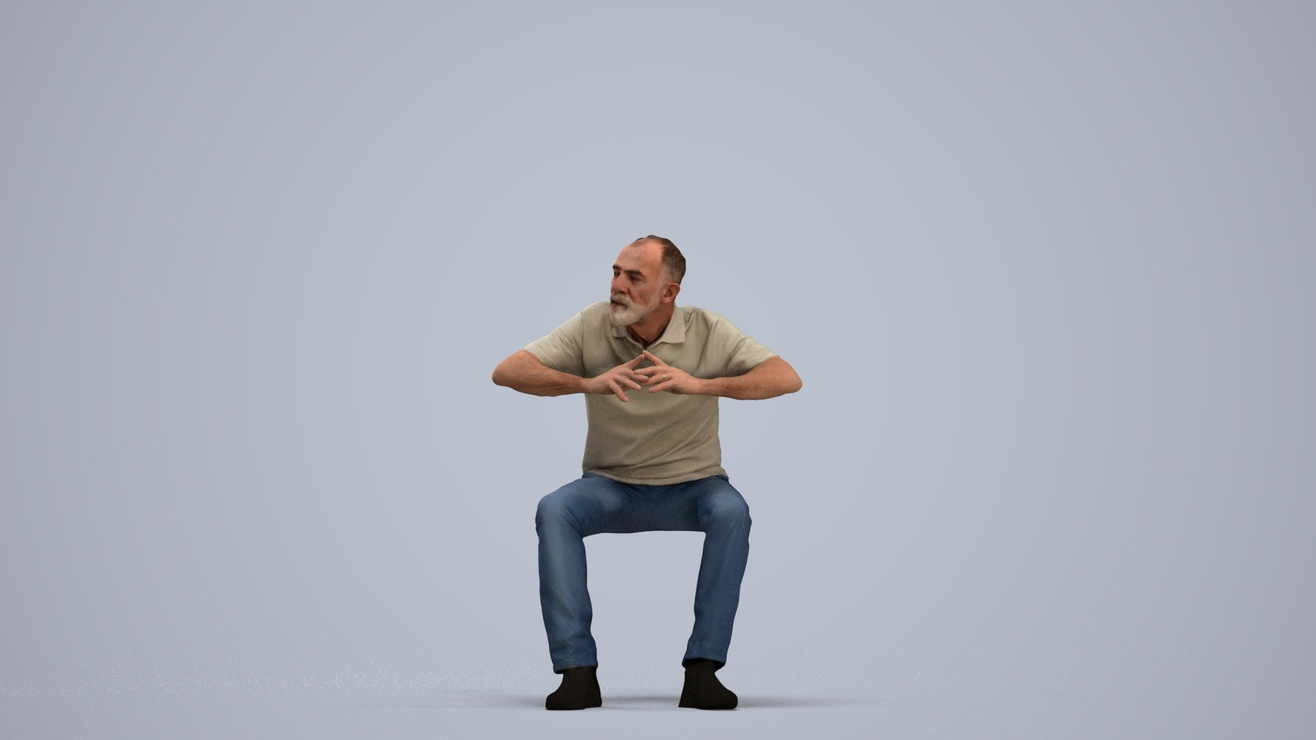 3D people model senior man casual sitting, scanned human for 3ds Max rendering, standing pose render