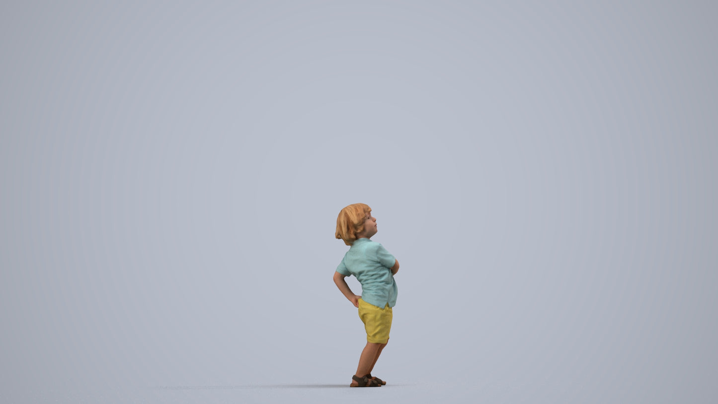3D human model boy casual kids, photogrammetry scanned person for archviz, side view render