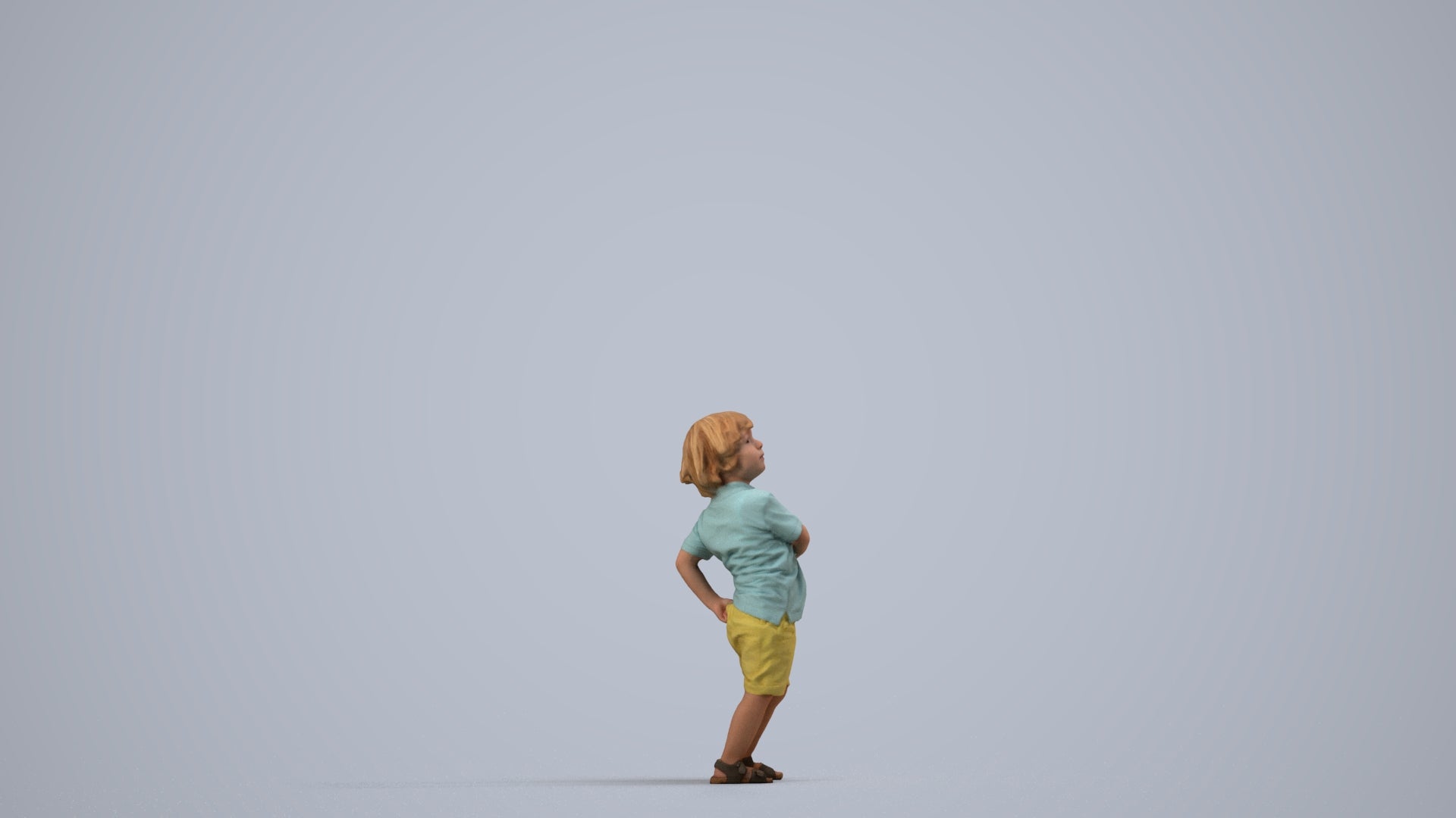 3D human model boy casual kids, photogrammetry scanned person for archviz, side view render