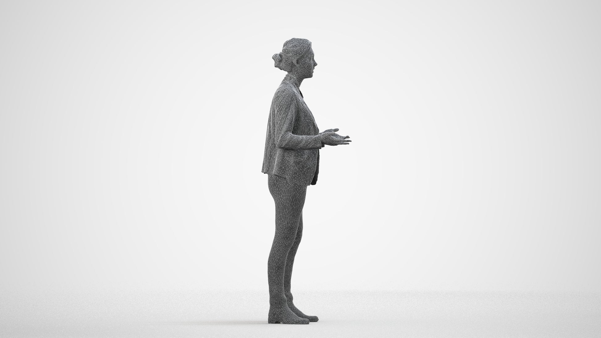 3D scanned woman business, photorealistic archviz people for Enscape and SketchUp, wireframe side view